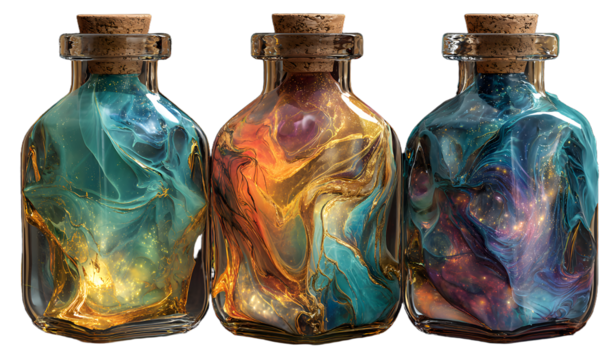 Colorful swirling galaxy potion bottles creative art on isolated on transparent background.