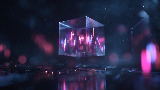 Floating glass cube, chart data, vibrant colors