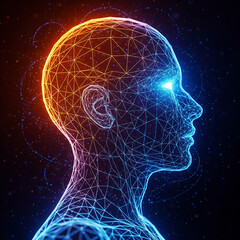 human head silhouette with brain. Glowing digital human head profile in orange and blue.