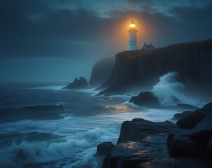 Lighthouse shines on a cliffside during a stormy night at the ocean