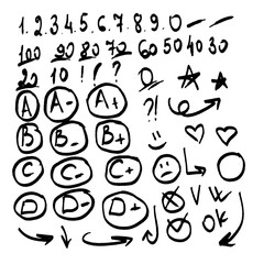School test, numbers, letters, circles and arrows, hand-drawn sketch. Vector illustration. A set of icons of different shapes, highlighted on a white background. Fancy doodle lines, tests, pros, 