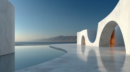 Naklejka premium Serene Minimalist Architecture: Oceanfront Modern Design with Infinity Pool