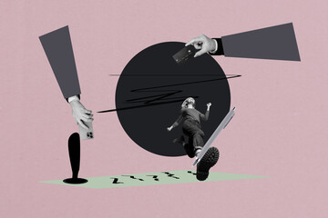 Poster trend collage of person run contract stamp signing with hand hold deposit card on pink background