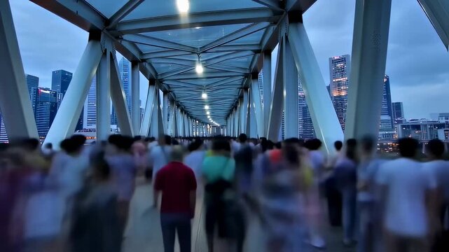 Crowd of people walking across pedestrian bridge in urban financial district at dusk