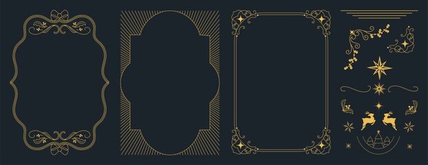 Christmas and Happy New Year frame design vector element set. Christmas tree, holly, reindeer, snowflake. Luxury element for invitation, banner, poster, cover, print, season holiday.