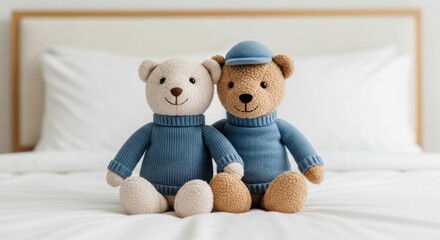 two teddy bears sitting on a sofa