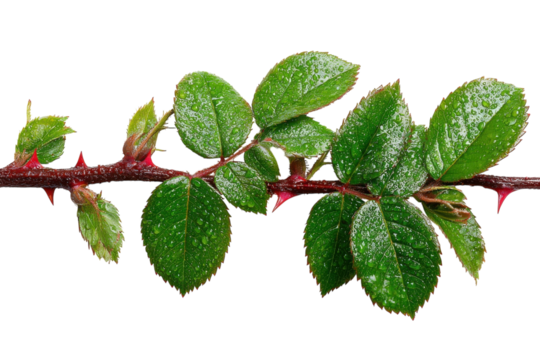 Rose Branch Beauty Delicate Leaves with Thorns and Water Droplets Botanical Photography Nature Close