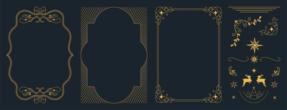 Christmas and Happy New Year frame design vector element set. Christmas tree, holly, reindeer, snowflake. Luxury element for invitation, banner, poster, cover, print, season holiday.