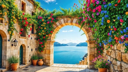 Charming stone archway adorned with colorful blossoms framing a serene vista of water and distant hills under a bright blue sky