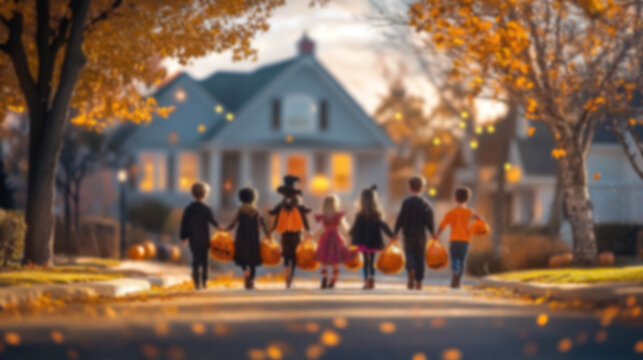 A joyful Halloween scene with blurred children in festive costumes, excitedly on the street outside, eager for trick-or-treat fun with their family
