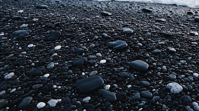 Pebble beach Closeup of a shore covered in dark mostly black rounded stones of varied sizes some showing wet surfaces and subtle white spots