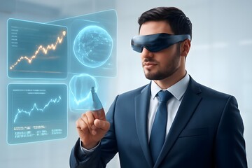 Confident Businessman in Futuristic Suit Using AR Glasses to Analyze Global Stock Trends and Portfolio Holograms — Sci-Fi Finance Concept