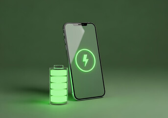 Conceptual 3D render of a smartphone with a glowing green charging symbol and a fully charged battery, illustrating mobile power and energy.