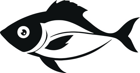 Fototapeta premium Fish icon, black and white vector of a streamlined fish with distinct fins, curved tail, and a prominent round eye—clean silhouette with simple natural detailing in a graceful horizontal pose