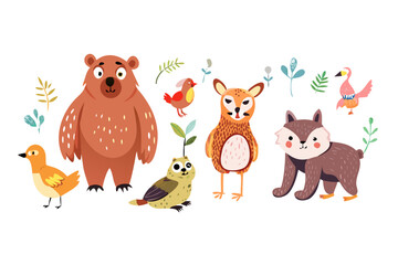 Naklejka premium Cute cartoon forest animals including bear deer wolf and birds with decorative plants