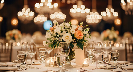 Elegant wedding reception setting with floral centerpiece, candles, and glassware creating a warm, inviting atmosphere