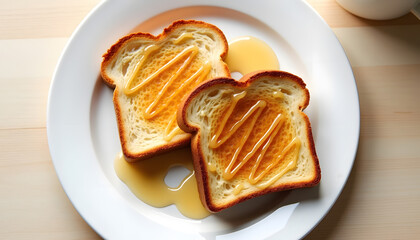 Golden Honey Drizzled on Toasted Bread Slices, Warm Breakfast, Overhead Shot