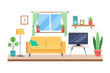 Fototapeta premium Cozy living room interior with yellow sofa television plants and window