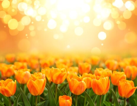 Orange tulips in a field, bokeh background