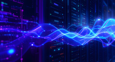 High-speed data flow in server racks. Blue and purple light waves symbolize network, cloud computing, and AI.