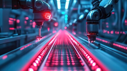 Futuristic Robotic Arm Precision Process in Neon Lit Automated Factory