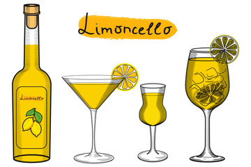 Limoncello bottle and set of glasses with cocktails and shot glasses vector illustration in color sketch style. Traditional Ilaian lemon liqueur for bar and menu. Classic Mediterranean aperitif