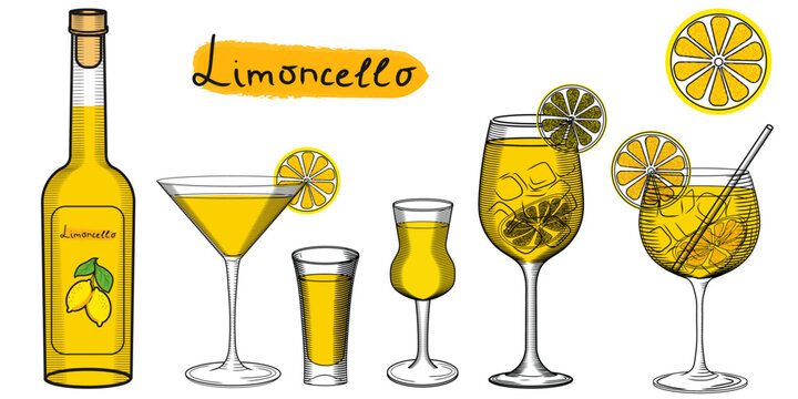 Limoncello bottle and set of glasses with cocktails and shot glasses vector illustration in color sketch style. Traditional Ilaian lemon liqueur for bar and menu. Classic Mediterranean aperitif