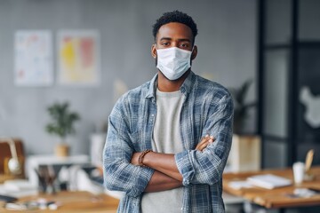 Man Wearing Mask At Desk. African-American Businessperson Standing with Confidence in Office