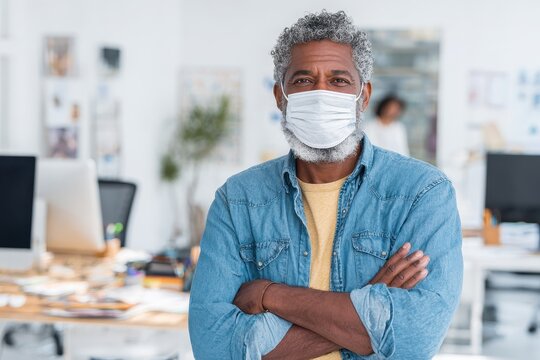 Man Wearing Mask At Desk. African-American Man Standing Confidently in Office, Arms Crossed - Powered by Adobe