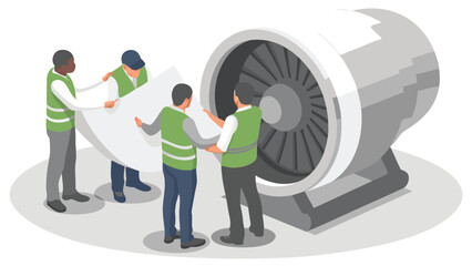 Team of engineers inspecting a large jet engine with technical drawings and safety vests on site together