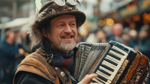 A man in steampunk attire plays an accordion