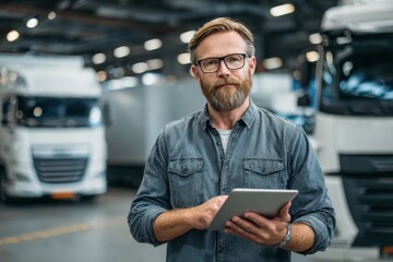 Manufacturing Leader. Young CEO Using Tablet in Shipping Garage, Trucks in Background