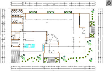 vector sketch illustration drawing architectural engineering design site plan layout Restaurant Plans, Elevations And Sections classic vintage ethnic simple