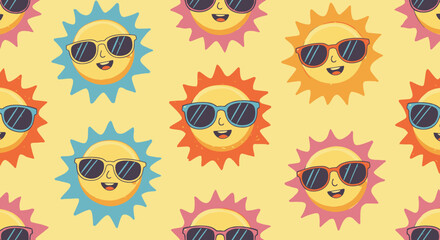 Cheerful Sun Faces Wearing Sunglasses Pattern on Yellow Background.