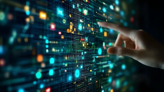 Finger interacting with a digital interface displaying data - Powered by Adobe