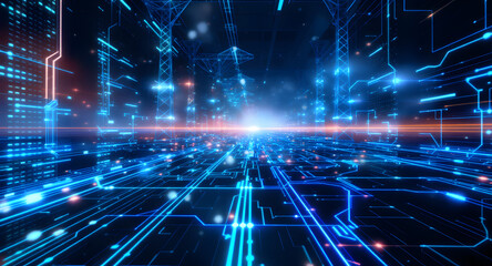 Abstract Futuristic Digital Network. Glowing Blue Data Lines and Light Stream. Technology and Cyberspace Background.