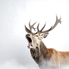 Majestic stag roaring in mist