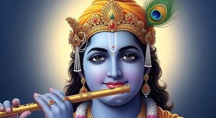 "Little Krishna Playing Flute – Janmashtami Festival Illustration on White Background"
