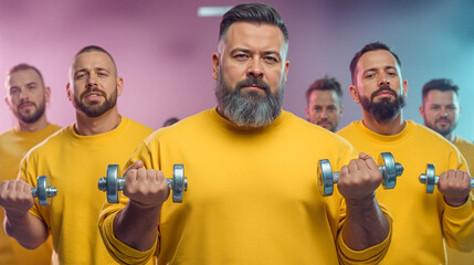 Group of fat men lifting dumbbells during focused gym workout

