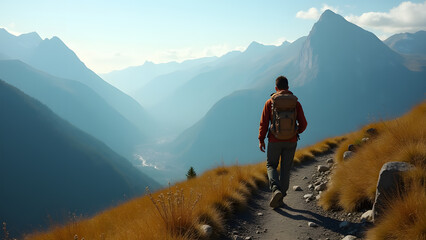 Backpacker Exploring Scenic Mountain Trail at Sunrise