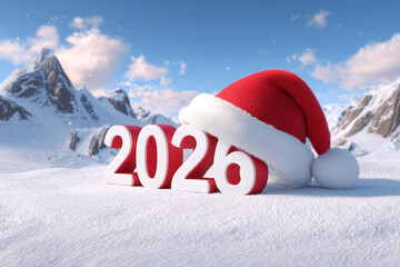Santa hat on 2026 numbers in snowy mountain landscape with blue sky and clouds, winter holiday celebration, Christmas. Copy space