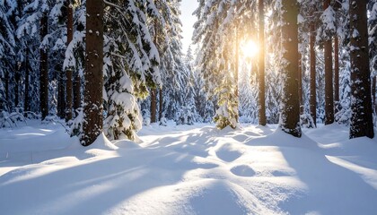 Fototapeta premium Sunlit snow-covered path through a dense evergreen forest