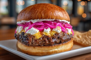 A delicious and vibrant burger piled high with toppings, including pink onions, creamy cheese, sitting on a white plate, ready to be devoured at a local restaurant.