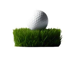 Golf ball resting on green grass ready for a perfect tee shot on a sunny day, isolated on white