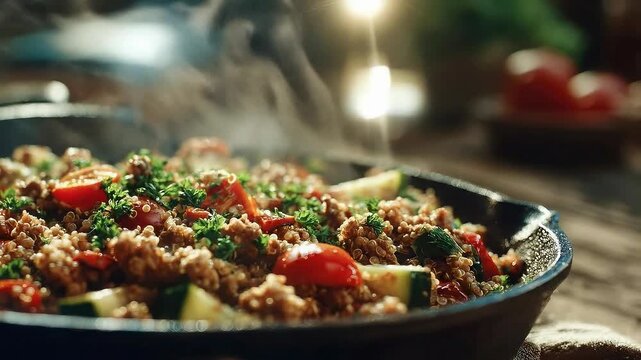 Gentle steam rises from a skillet of simmering bulgur with cherry tomatoes, zucchini, and fresh herbs.