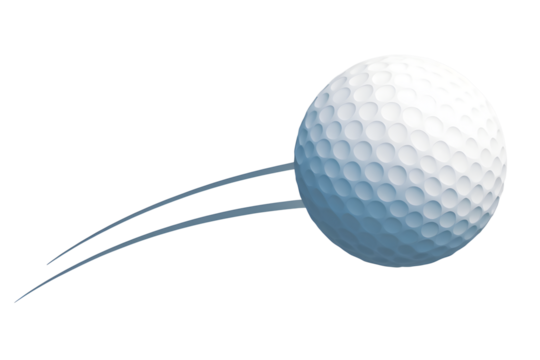 White golf ball flying in the air with motion trail behind it, isolated on a transparent background