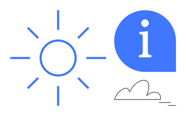 Sun icon in radiant blue next to information bubble and cloud element. Ideal for weather reports, climate, information sharing, education, guidance, forecasting, communication. Simple flat metaphor