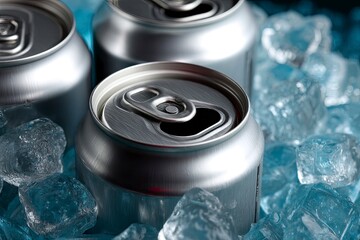 Three beverage cans sit amidst icy cubes The front can is open