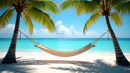 Fototapeta premium Tropical Hammock Between Palm Trees on a Pristine Beach