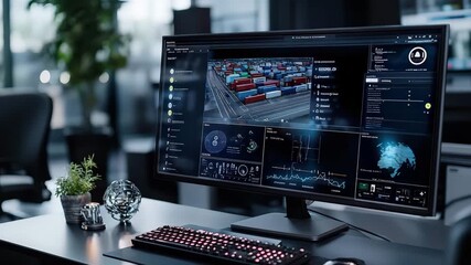 Container terminal monitoring system on computer screen with keyboard in modern office displaying logistics data analytics and digital workspace - Powered by Adobe